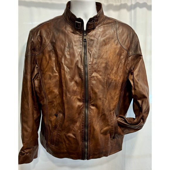 Peruzzi Mens Leather Jacket Brown Zip Front Made in Italy Size 52 Bomber Style